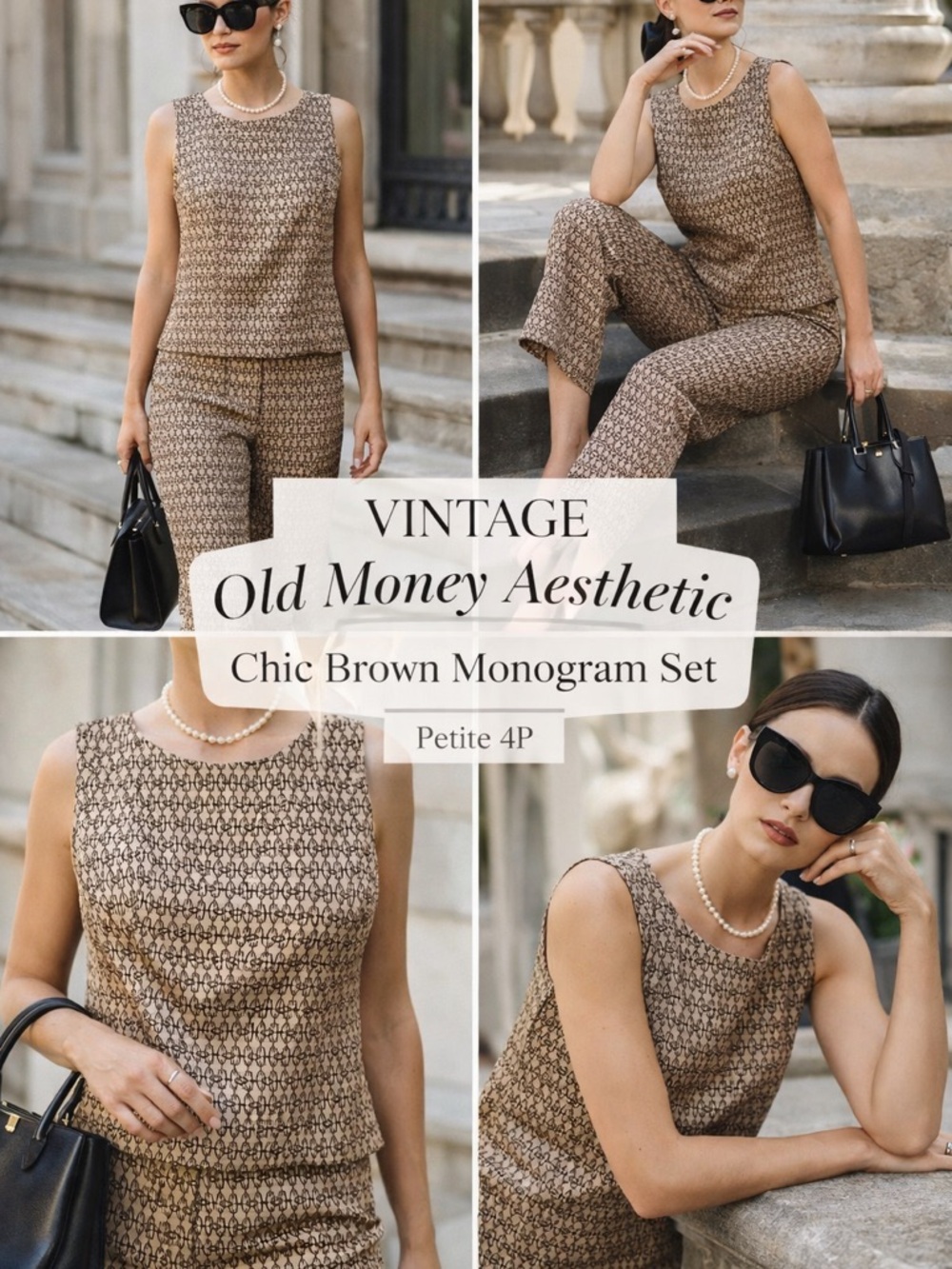 Vintage I.N Studio Petite 2pc Set Monogram Top Pants 4P Brown Chic